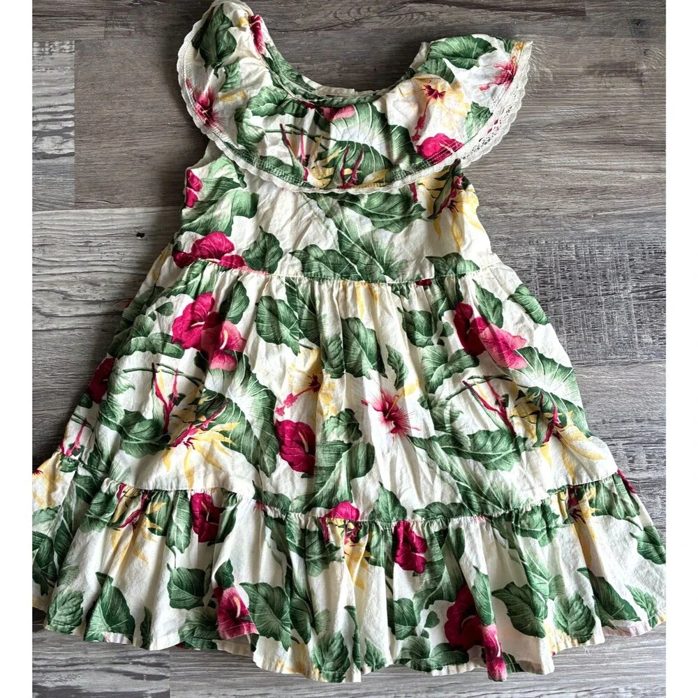 Janie and Jack Ruffle Dress Girls 3 Multicolor Hibiscus Floral Lace Trim Summer